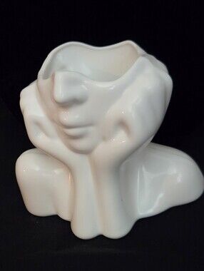 White Makeup Brush Storage Box Or Planter Contemplative Face